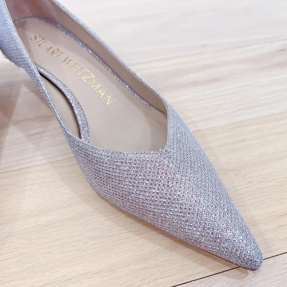 Stuart Weitzman Eva 35 Kitten Heel Metallic Mesh Pump Rose Pink Pointed Toe 6B